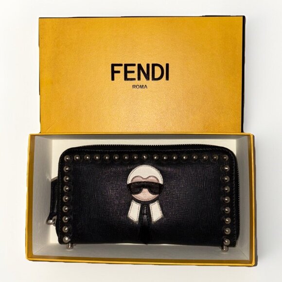 Fendi Karlito Long Studded Black Saffiano Zip Wallet In Original Box. Authentic - Picture 5 of 16